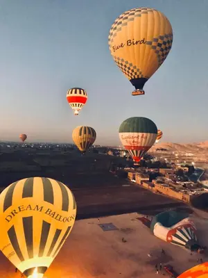 a group of hot air balloons flying over a city at Desert Rose in Luxor