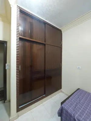a bedroom with a large closet with wooden doors at Entire hotel apartment overlooking the Nile in Aswan