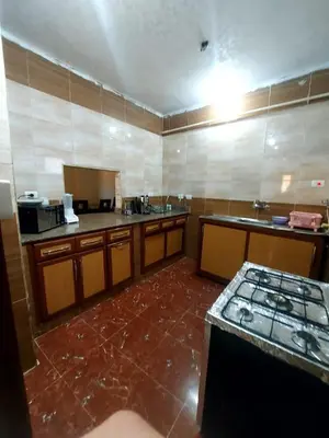 a large kitchen with wooden cabinets and a stove in it at Entire hotel apartment overlooking the Nile in Aswan