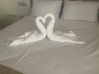 two swans made out of towels on a bed at Taha Guest house in Luxor