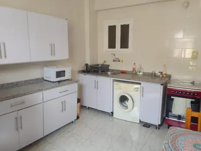 a kitchen with a washing machine and a microwave at Memnon Apartments in Luxor