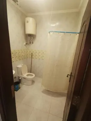 a bathroom with a toilet and a shower curtain at Lotus Stay شاليه مفروش بالغردقة in Hurghada