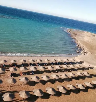 a group of rocks on a beach near the water at Zafira Apartman in Hurghada