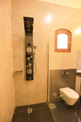 a small bathroom with a toilet and a shower at Desert Rose apartments in Luxor