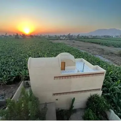 a house in a field with the sunset in the background at Lady of the Sun Guesthouse in Luxor