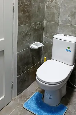 a white toilet in a bathroom with a blue rug at One bedroom apartment with a hall in Aqua Infinity Resort before El Gouna in Hurghada