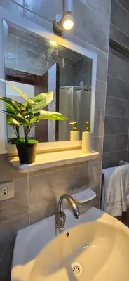 a bathroom with a sink and a mirror and a plant at Tiba Golden Sand Dune Hurghada in Hurghada