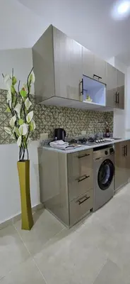 a kitchen with a stove and a vase of flowers at Tiba Golden Crystal Water Hurghada in Hurghada