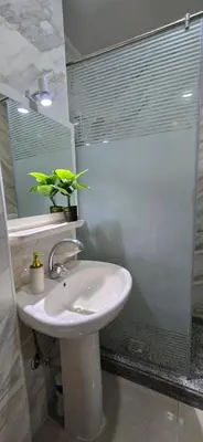 a bathroom with a sink and a shower and a plant at Tiba Golden Sun flare Hurghada in Hurghada