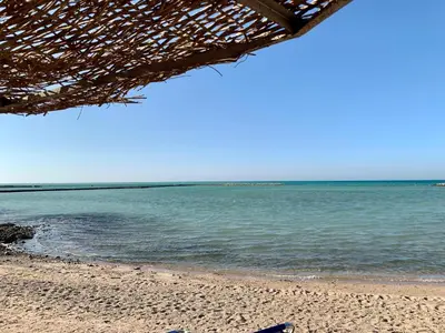 a beach with a straw umbrella and the ocean at Turtles Beach Resort - Hurghada in Hurghada