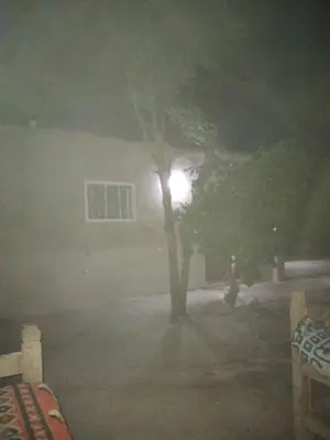 a tree in front of a house with a light at Gateway to the Stars restaurant & camping in Al Aqālitah