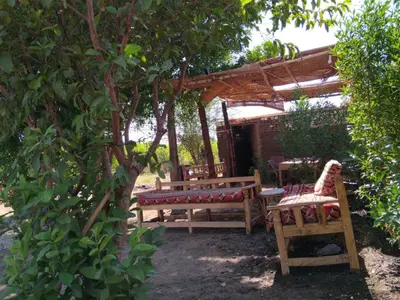 a patio with two benches under a wooden pergola at Gateway to the Stars restaurant & camping in Al Aqālitah