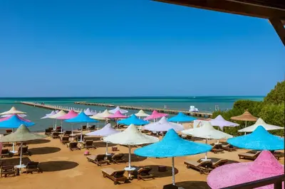 a bunch of umbrellas and chairs on a beach at Fox House Resort in Hurghada