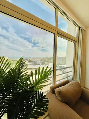 a room with a large window with a couch and a plant at touristic centre Andalusia in Hurghada