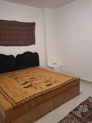a bedroom with a bed with a wooden box at Oasis compound in Hurghada