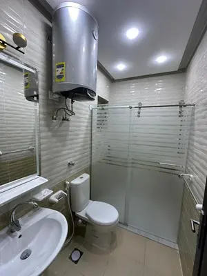 a bathroom with a shower and a toilet and a sink at Helal Apartment in Hurghada