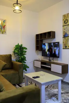 a living room with a couch and a tv at One bedroom apartment with living room in Aqua Infinity before El Gouna in Hurghada