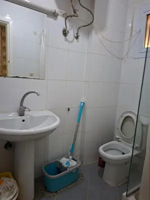 a bathroom with a sink and a toilet and a mop at Desert pearl in Hurghada