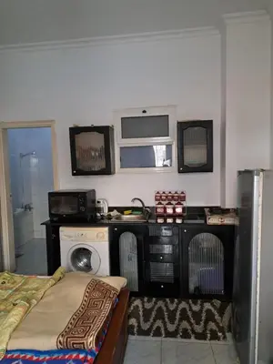 a kitchen with a stove and a washing machine at Lotos studio in Hurghada