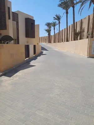 an empty street with palm trees and a building at elgouna scarab es first floor in El Gouna