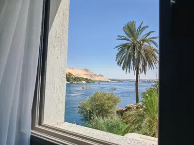 a window with a view of a palm tree and water at Villa Swenet in Aswan