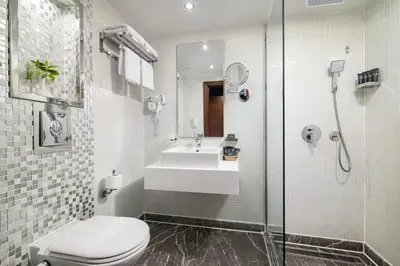 a bathroom with a toilet and a sink and a shower at 4 nighhts luxury Nile cruise from Luxor to Aswan in Qena