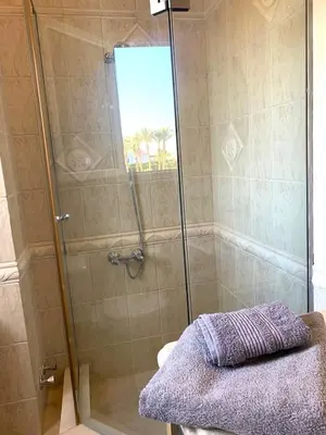 a bathroom with a shower with a glass door at Coral Blue 'An expansive spacious 4 bedroom villa in El Gouna' in Hurghada