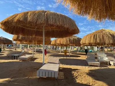 a group of chairs and umbrellas on a beach at Hurgada New studio in Avenue on Mamsha -private beach&pool in Hurghada