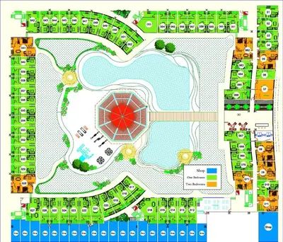 a site plan of a park with a pond at Hurghada Tiba Golden Resort Apartment Strand Pool 22 in Hurghada
