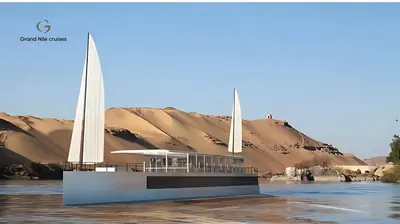 a rendering of a building in the middle of a river at Royal Jade wellness luxurios Dahabiya Nile Cruise Every Monday from Luxor to Aswan 4 nights and Every Friday from Aswan to Luxor 3 nights in Luxor