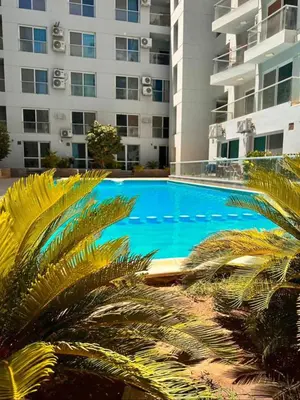 a large swimming pool with palm trees in front of a building at Nesim hights compound in Hurghada