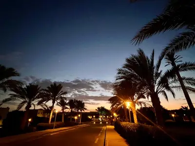a city street with palm trees at night at Luxury Newly Built 2 DOUBLE bedroom and living room with Beach Access and Pool in Hurghada, Egypt in Hurghada