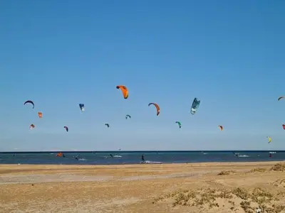 a bunch of kites flying in the sky over the beach at 1 bedroom in mangroovy El gouna in Hurghada
