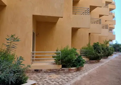 a building with stairs and plants in front of it at Fiesta Beach Resort in Hurghada