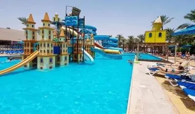 a water park with a castle in the water at ميراج باي اكوا بارك in Hurghada
