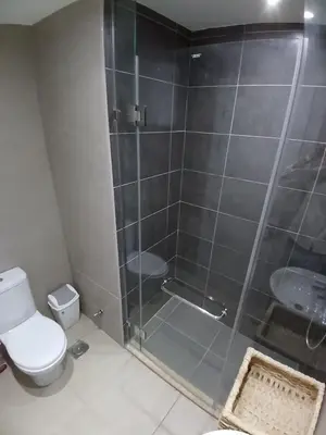 a bathroom with a shower with a toilet and a sink at Gcribs Onebedroom Elgouna in Hurghada