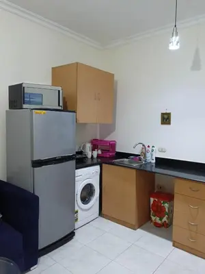 a kitchen with a refrigerator and a washing machine at Studio Lotus Compound Kawser in Hurghada