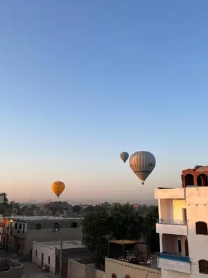 two hot air balloons flying over a city at Habu Palace in Luxor