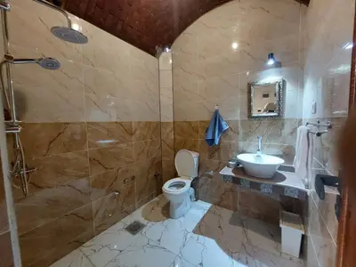 a bathroom with a shower and a sink and a toilet at Carter Guesthouse Luxor 4 in ‘Ezbet Abu Ḥabashi