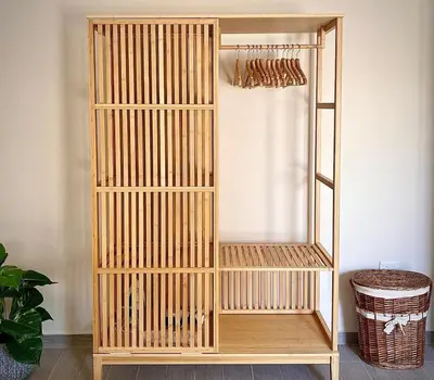 a wooden shelf with a mirror in a room at Gouna Retreat with Private Pool in Bali in Hurghada