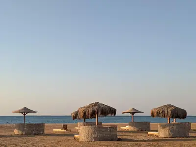 a group of straw umbrellas on the beach at Beachfront Somabay Cabana Steps From Sea & Pool in Hurghada