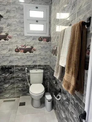 a bathroom with a toilet and towels in it at Al Mansi Luxury Retreat 1 in Luxor