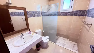 a bathroom with a sink and a toilet and a mirror at Magic Garden House in Luxor