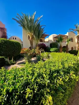a garden with palm trees and bushes in front of a building at El Gouna Stylish 2BR Italian Compound Beach Access in Hurghada