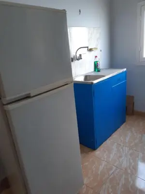 a white refrigerator in a kitchen with a sink at Blue Sky Apartments & Restaurant in Luxor