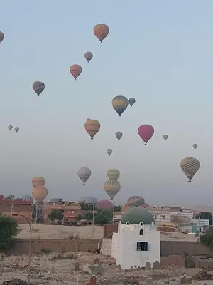 a group of hot air balloons flying over a city at Carter Guesthouse Luxor 5 in ‘Ezbet Abu Ḥabashi