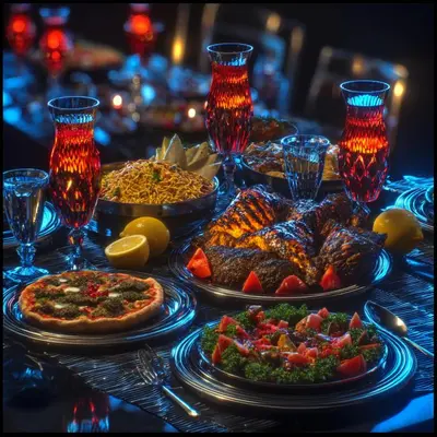 a table with plates of food on a table at Royal Nile Villa - Luxury Nile Sky Penthouse 1 in Al Aqālitah