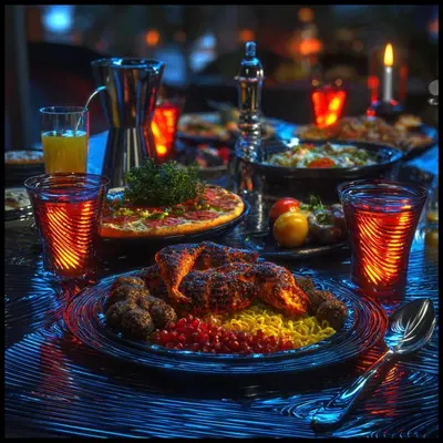 a table topped with plates of food with meat and vegetables at Royal Nile Villa - Luxury Nile Sky Penthouse 1 in Al Aqālitah