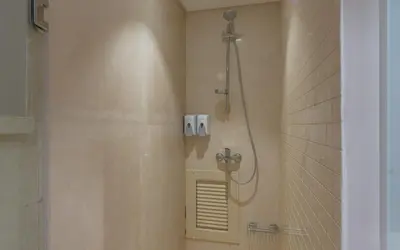a shower stall in a bathroom with a shower at New 1BR Apartment in Mangroovy El Gouna Pool, Beach, The Red Sea in Hurghada