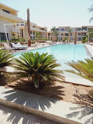 a large swimming pool with palm trees in a resort at Chic G Cribs Studio in El Gouna